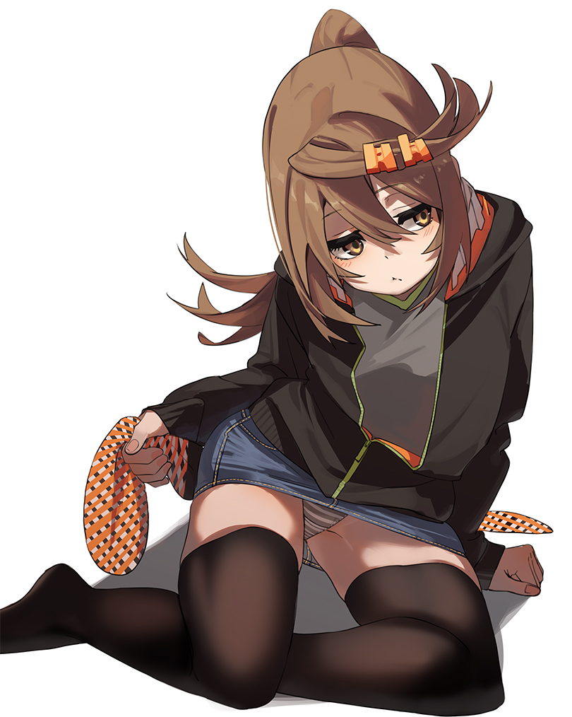 fu-ta, usami taiga, original, 1girl, black jacket, blue shorts, brown hair, closed mouth, grey shirt, hair between eyes, jacket, long sleeves, medium hair, panties, pantyshot, shirt, shorts, simple background, striped clothes, striped panties, underwear, white background