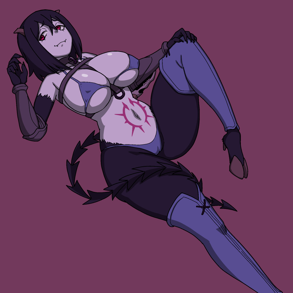 chaos machina, kono yuusha ga ore tueee kuse ni shinchou sugiru, highres, stitched, third-party edit, 1girl, armpits, bikini, black hair, breasts, cleavage, curvy, demon girl, horns, large breasts, purple background, red eyes, simple background, smile, standing, swimsuit, tail