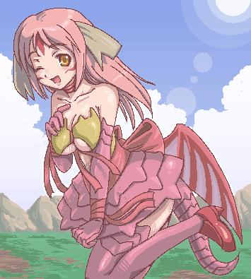 lowres, 1girl, back ribbon, breasts, cleavage, dragon girl, female focus, horns, large breasts, long hair, monster girl, oekaki, one eye closed, open mouth, outdoors, pink hair, pink thighhighs, sky, smile, solo, tail, thighhighs, underboob, wings, wink