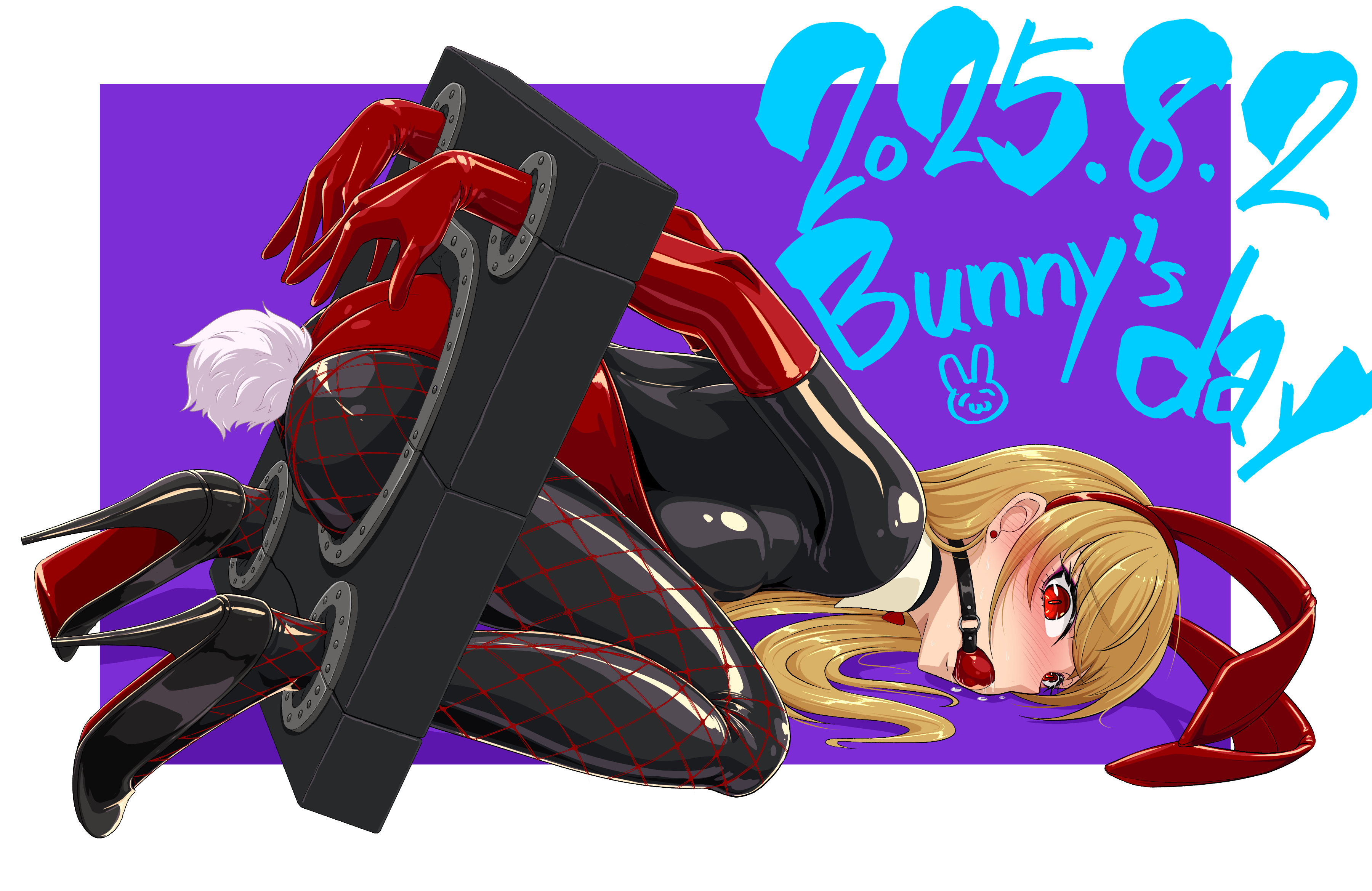 tamakko, original, absurdres, commentary request, highres, 1girl, anal beads, anal tail, animal ear hairband, animal ears, ball gag, bdsm, black bodysuit, blonde hair, bodysuit, bodysuit under clothes, bunny day, butt plug, detached collar, elbow gloves, fake animal ears, fake tail, fishnet pantyhose, fishnets, full body, gag, gagged, gloves, hairband, hansei ita, high heels, latex, latex bodysuit, leotard, pantyhose, pillory, playboy bunny, rabbit ears, rabbit tail, red eyes, red gloves, red leotard, restrained, shiny clothes, solo, stationary restraints, strapless, strapless leotard, tail
