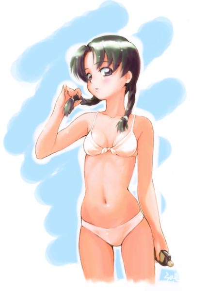 saeki shouji, shouji saeki, nishino mari, kono minikuku mo utsukushii sekai, 1girl, adjusting hair, bikini, black eyes, black hair, blush, braid, breasts, female focus, front-tie top, konomini, lotion, navel, small breasts, solo, standing, swimsuit, twin braids, white bikini