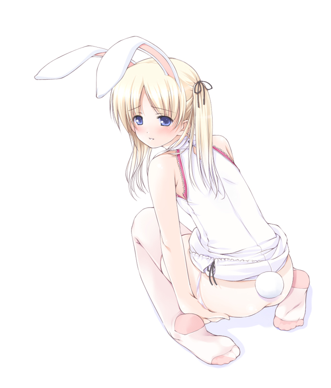 ooji, 1girl, animal ears, ass, feet, female focus, full body, loli, panties, panty pull, pink panties, pink thighhighs, rabbit ears, solo, thighhighs, toes, twintails, underwear, undressing
