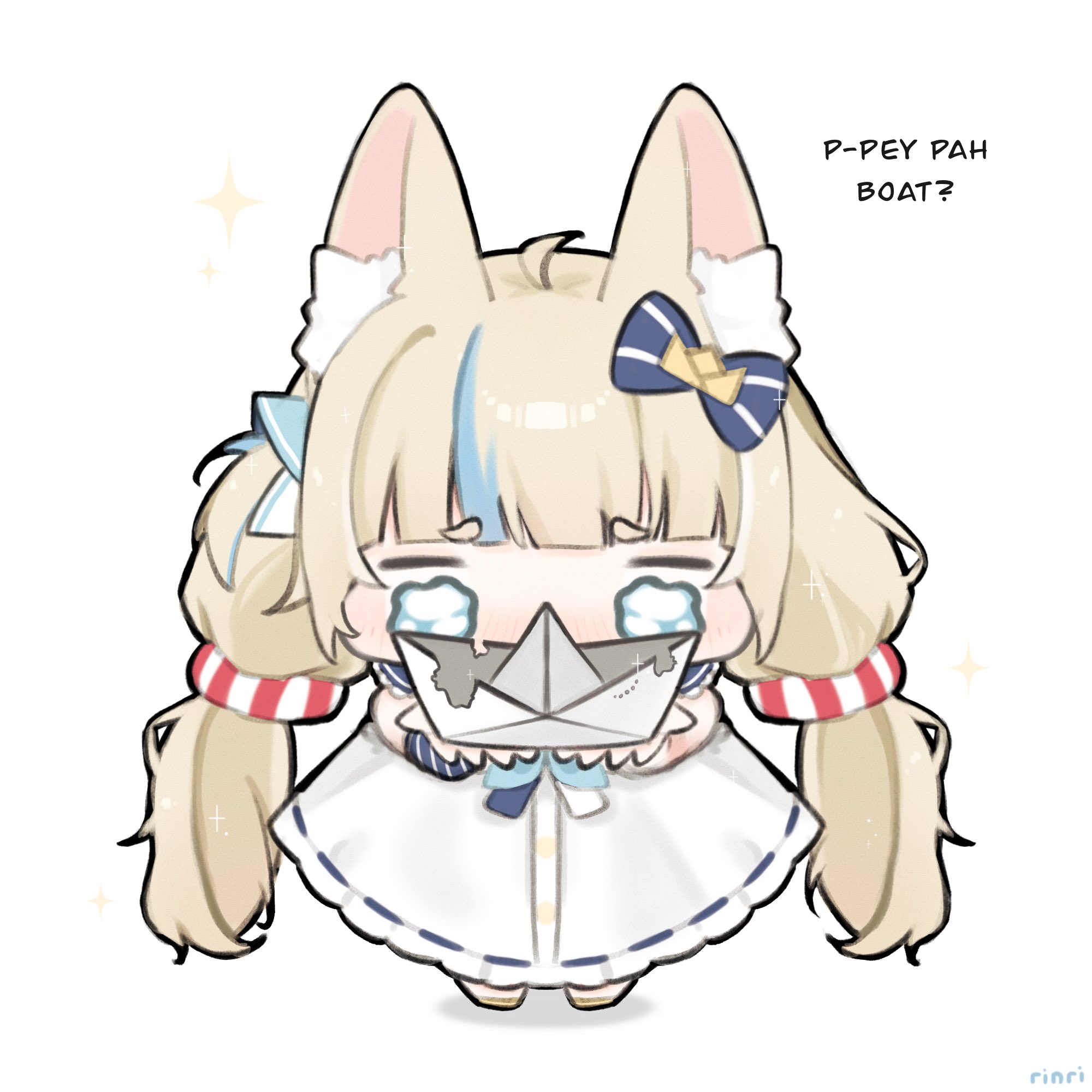 rinrihime, sameko saba, indie virtual youtuber, commentary, english commentary, highres, 1girl, ahoge, animal ear fluff, animal ears, artist name, blonde hair, blue eyes, blue hair, blunt bangs, bow, cat ears, chibi, chibi only, dress, english text, hair bow, long hair, looking at viewer, low twintails, multicolored hair, one side up, paper boat, presenting, simple background, solo, streaked hair, twintails, very long hair, virtual youtuber, wavy eyes, white background, white dress