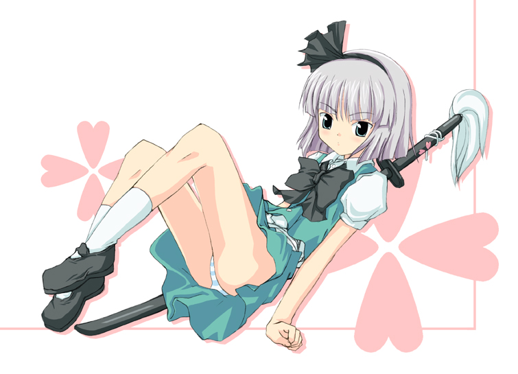 date (senpen), konpaku youmu, touhou, silver hair, 1girl, black shoes, blush, bow, bowtie, female focus, green eyes, hairband, katana, panties, scabbard, sheath, sheathed, shoes, short hair, socks, solo, striped clothes, striped panties, sword, tassel, thighs, underwear, vest, weapon, white socks