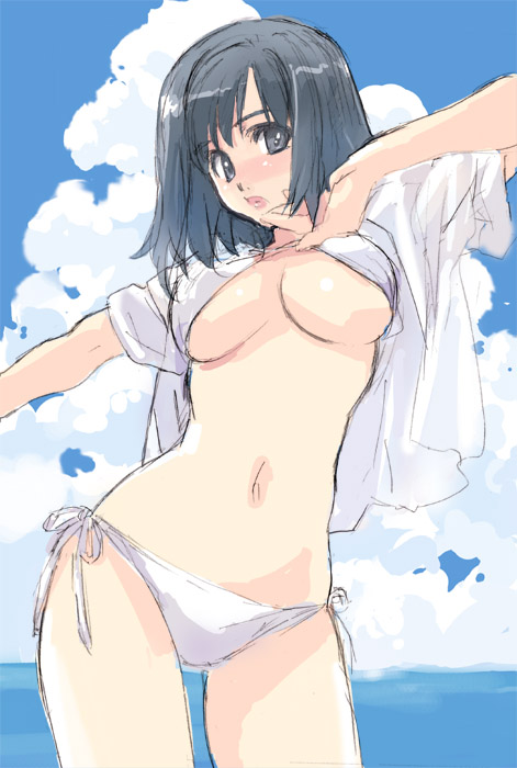 matsumoto noriyuki, original, 1girl, bikini, black hair, breasts, cloud, day, female focus, medium breasts, open clothes, open shirt, outdoors, shirt, side-tie bikini bottom, sky, solo, string bikini, swimsuit, underboob, white bikini