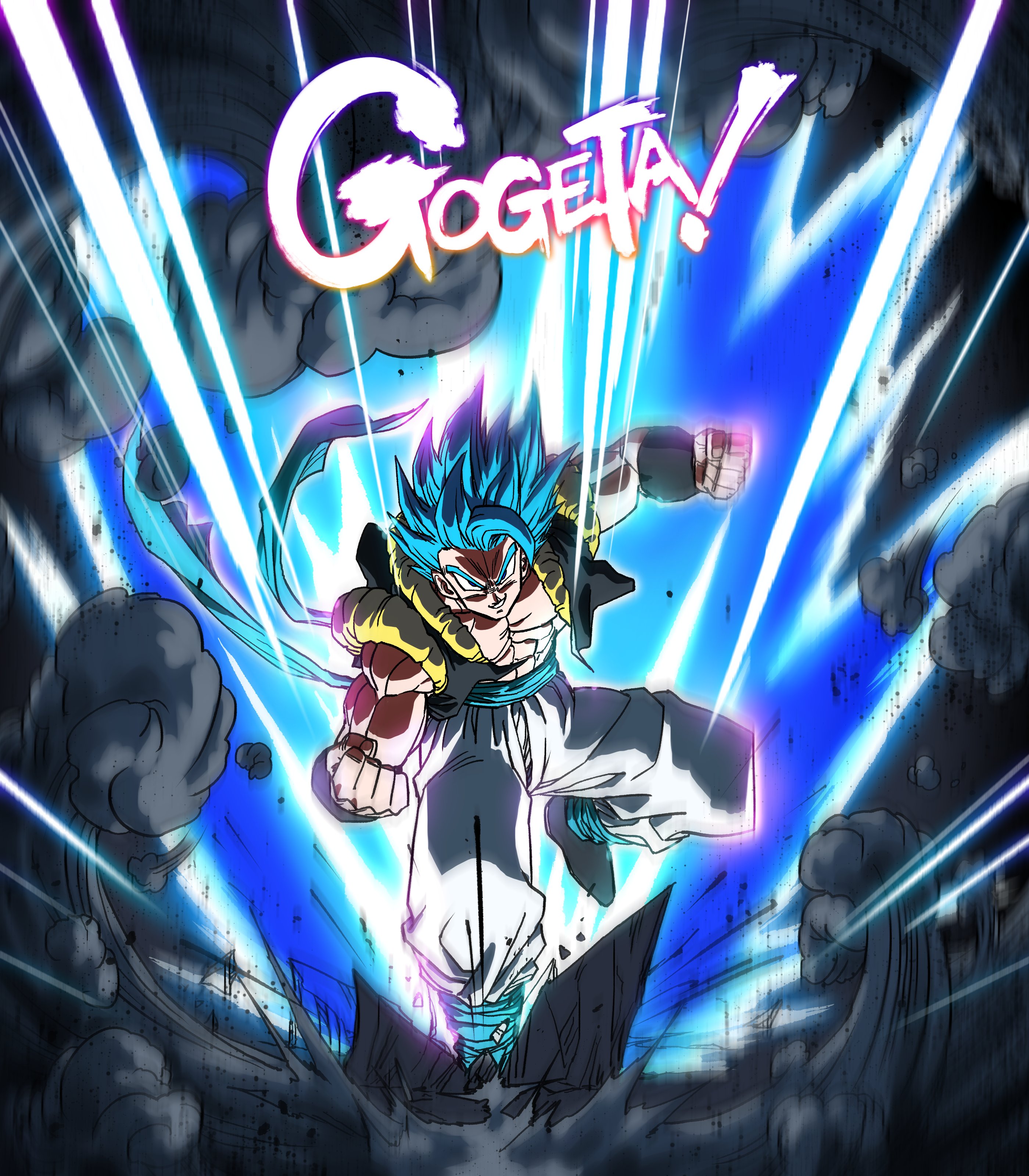 bakarott, gogeta, dragon ball, dragon ball super, dragon ball super broly, absurdres, highres, 1boy, baggy pants, black boots, boots, character name, clenched hands, cropped vest, furrowed brow, looking at viewer, male focus, metamoran vest, muscular, muscular male, no shirt, pants, parted lips, pectorals, smile, solo, spiked hair, super saiyan, super saiyan blue, toriyama akira (style), vest, white pants