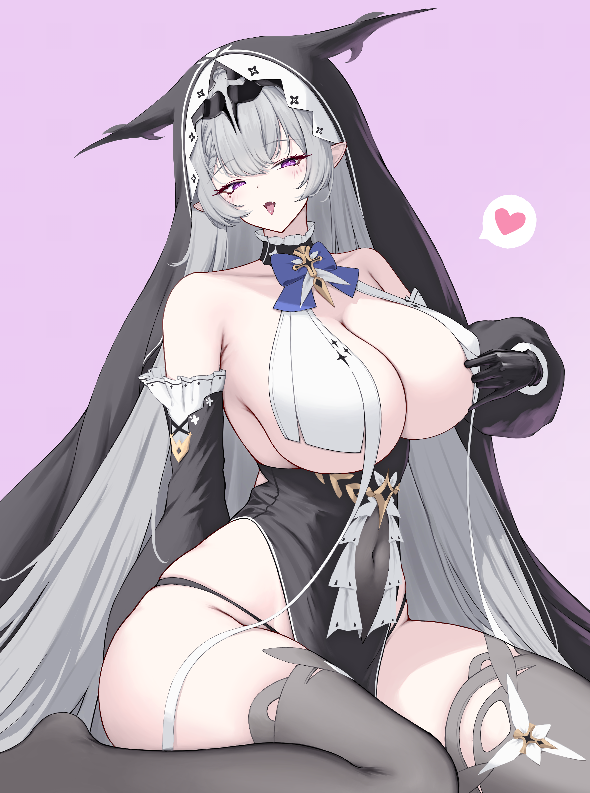 duguay-trouin (azur lane), azur lane, absurdres, highres, 1girl, bare shoulders, black gloves, black panties, black thighhighs, braid, breast curtains, breasts, covered navel, fangs, gloves, grey hair, heart, huge breasts, looking at viewer, mole, mole under eye, nun, open mouth, panties, pink background, pointy ears, purple eyes, simple background, sitting, solo, thighhighs, tongue, tongue out, underwear, wariza, yiray (112170063)