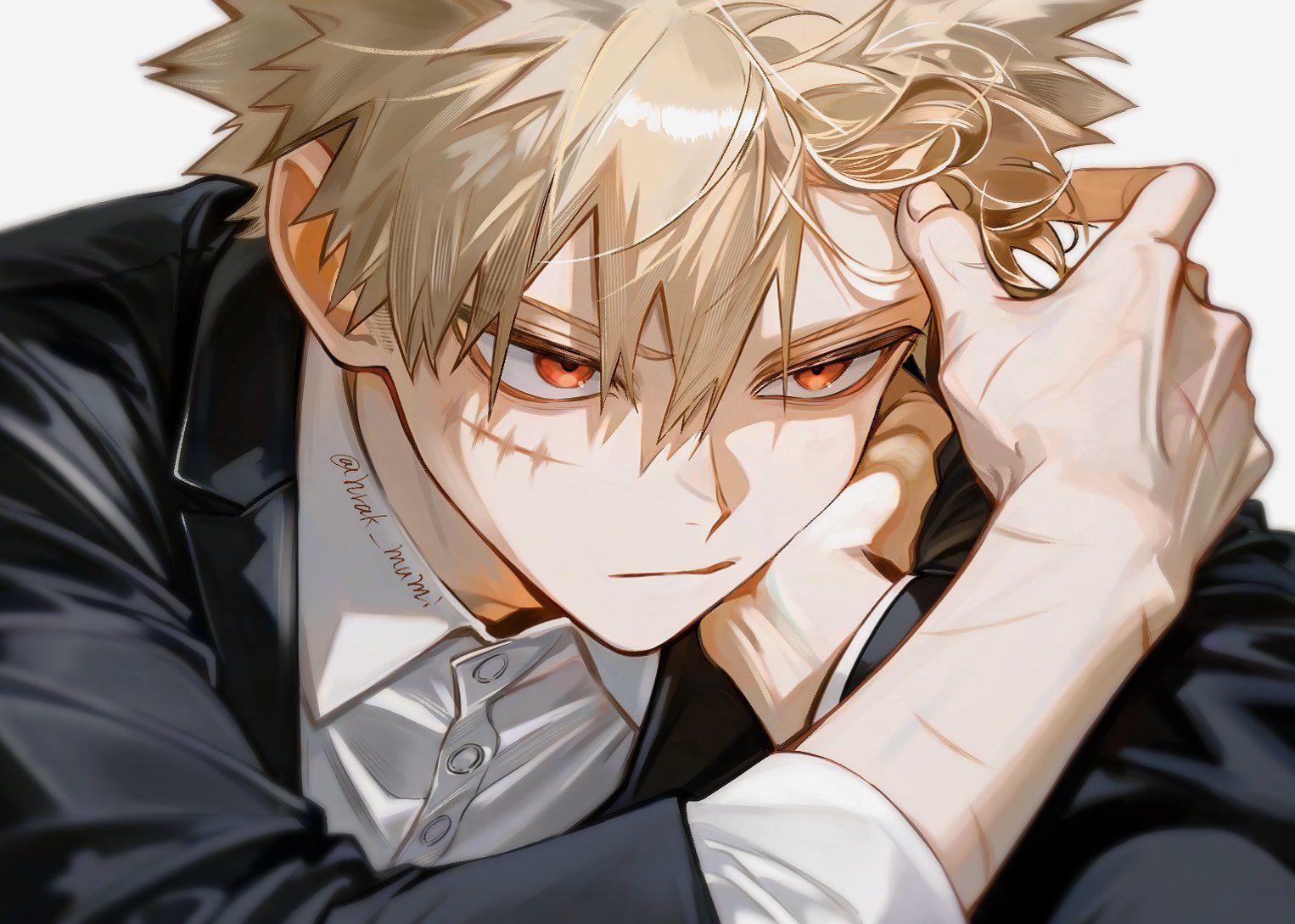hrak mumi, bakugou katsuki, boku no hero academia, 1boy, black jacket, blonde hair, closed mouth, collared shirt, facial scar, furrowed brow, hair between eyes, hand in own hair, head on hand, jacket, male focus, red eyes, scar, scar on arm, scar on cheek, scar on face, scar on hand, shirt, short hair, solo, spiked hair, suit jacket, twitter username, white background, white shirt