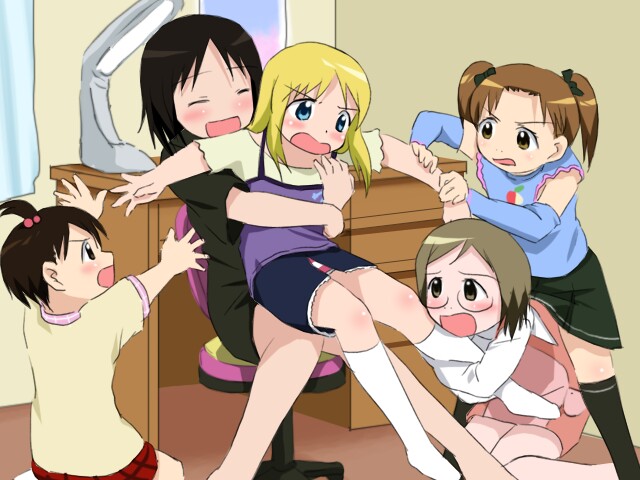 sanshita, ana coppola, itou chika, itou nobue, matsuoka miu, sakuragi matsuri, ichigo mashimaro, arm grab, white legwear, 5girls, annoyed, bad anatomy, blonde hair, blush, brown hair, camisole, detached sleeves, everyone, feet, glasses, holding, hug, hug from behind, hugging another's leg, indoors, lamp, laughing, leg grab, legs, multicolored hair, multiple girls, one side up, open mouth, plaid clothes, plaid skirt, poorly drawn, pulling, shirt, short hair, siblings, sisters, sitting, sitting on lap, sitting on person, skirt, smile, socks, t-shirt, table, thighhighs, twintails