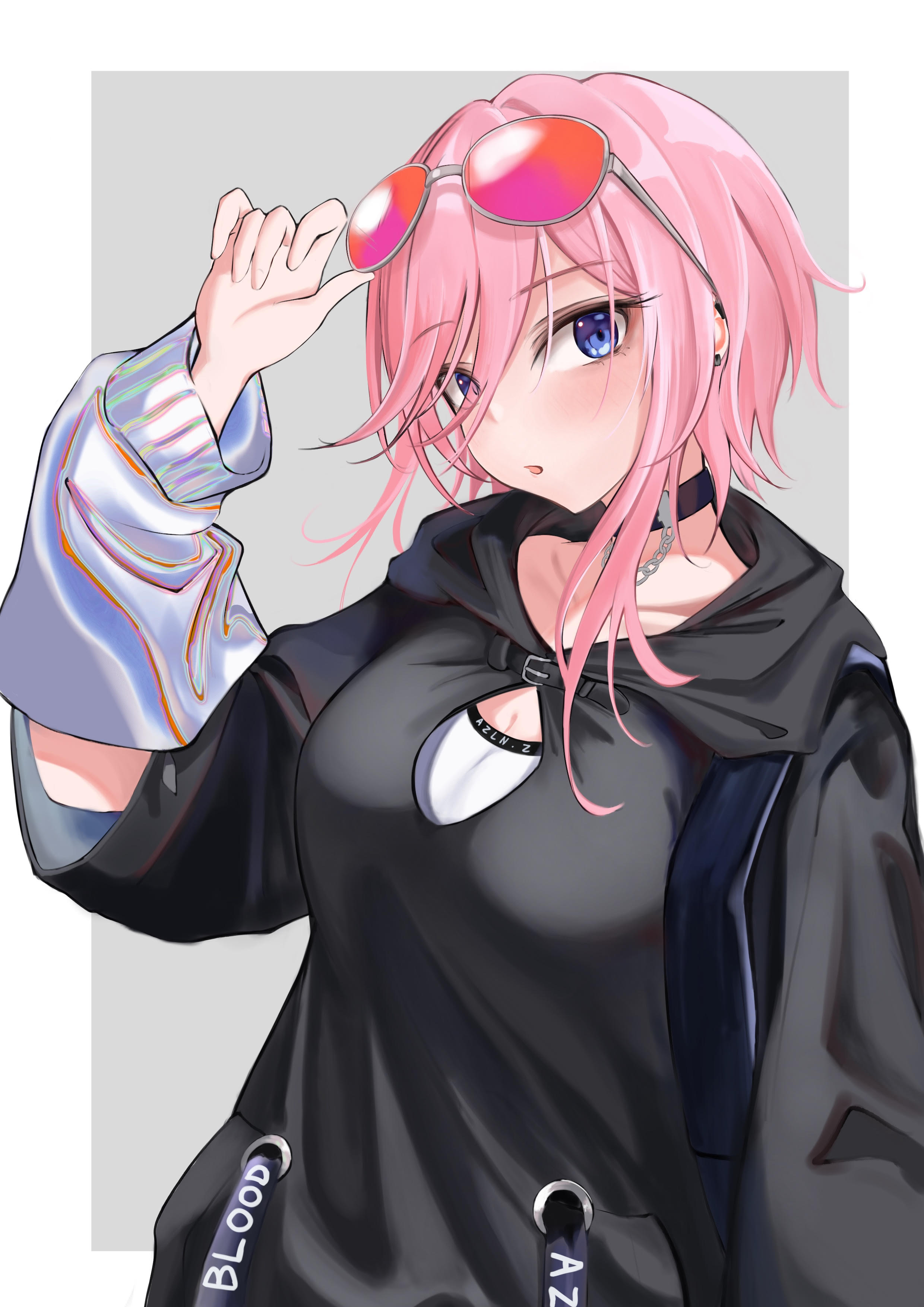 seydlitz (an officer's streetwear) (azur lane), seydlitz (azur lane), azur lane, absurdres, highres, 1girl, black choker, black hoodie, blue eyes, choker, eyewear on head, grey background, hand up, hood, hoodie, leric51, long bangs, looking at viewer, medium hair, official alternate costume, parted lips, pink-tinted eyewear, pink hair, simple background, solo, tinted eyewear, upper body