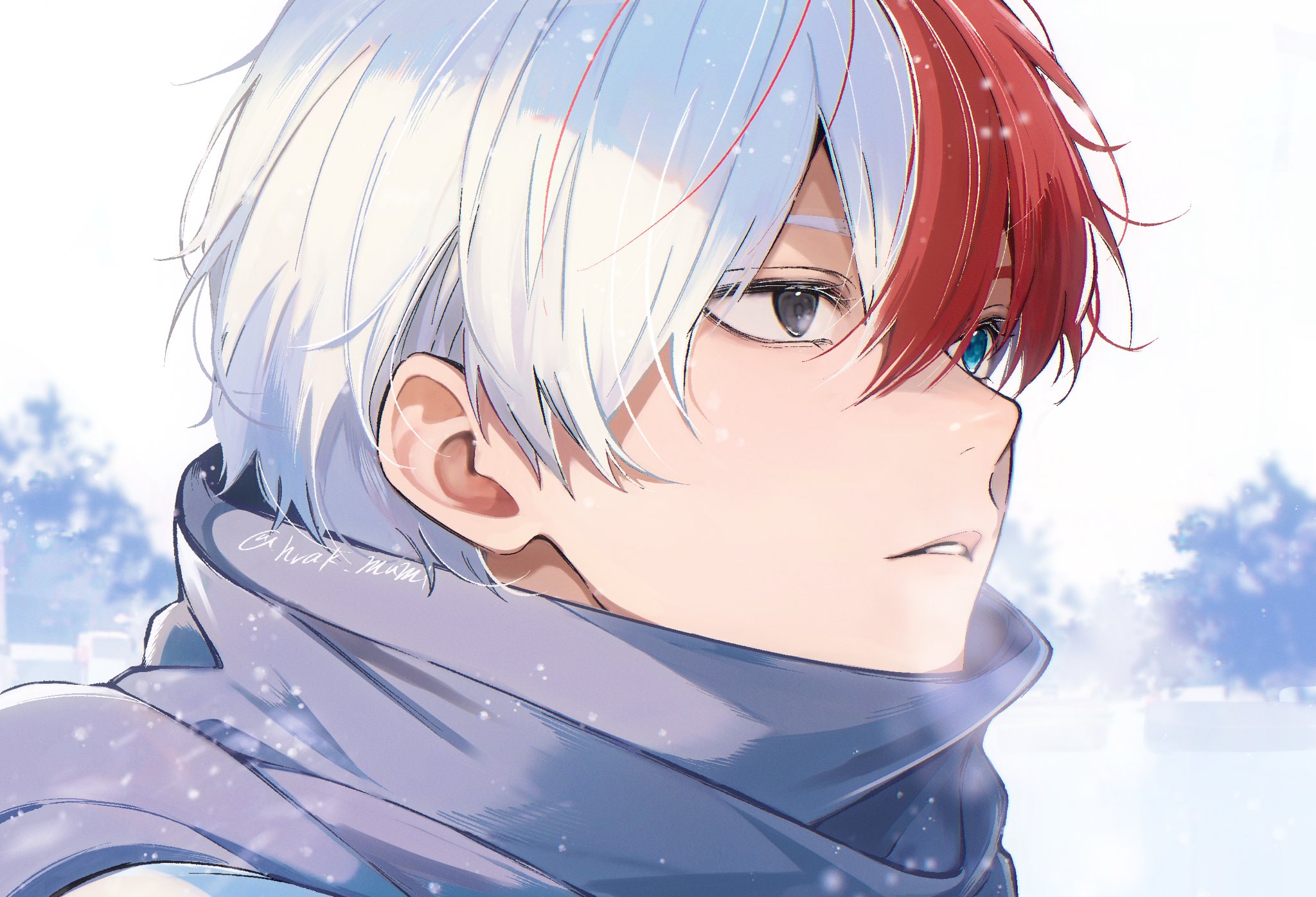 hrak mumi, todoroki shoto, boku no hero academia, highres, 1boy, blue eyes, grey eyes, grey scarf, hair between eyes, heterochromia, male focus, multicolored hair, outdoors, parted lips, red hair, scarf, short hair, snow, solo, twitter username, two-tone hair, upper body, white hair, winter