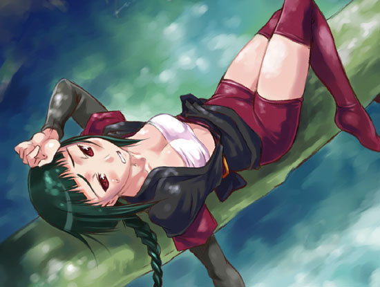 maruto!, okuzaki akira, my-hime, hand on forehead, 00s, 1girl, bandages, bandeau, bike shorts, braid, breasts, cleavage, female focus, green hair, lying, ninja, on back, open clothes, open shirt, red eyes, red thighhighs, sarashi, shirt, single braid, solo, strapless, thighhighs, tube top
