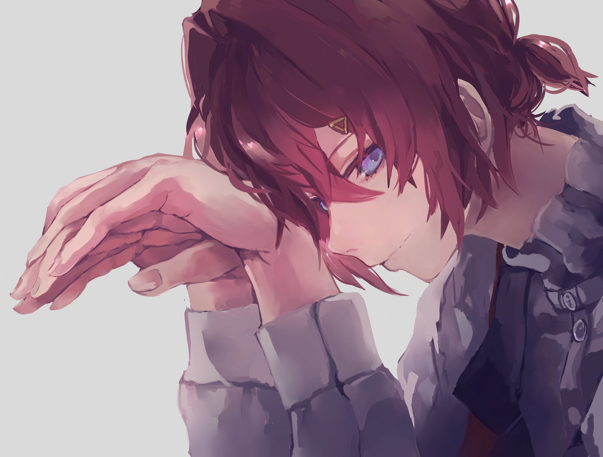 djyui, ange katrina, nijisanji, commentary request, highres, 1girl, androgynous, blue eyes, closed mouth, collared shirt, from side, grey background, hair between eyes, hair intakes, hands up, head down, head on hands, long bangs, long sleeves, looking at viewer, looking to the side, official alternate costume, own hands together, ponytail, red hair, shirt, short ponytail, simple background, smile, solo, upper body, virtual youtuber, white shirt
