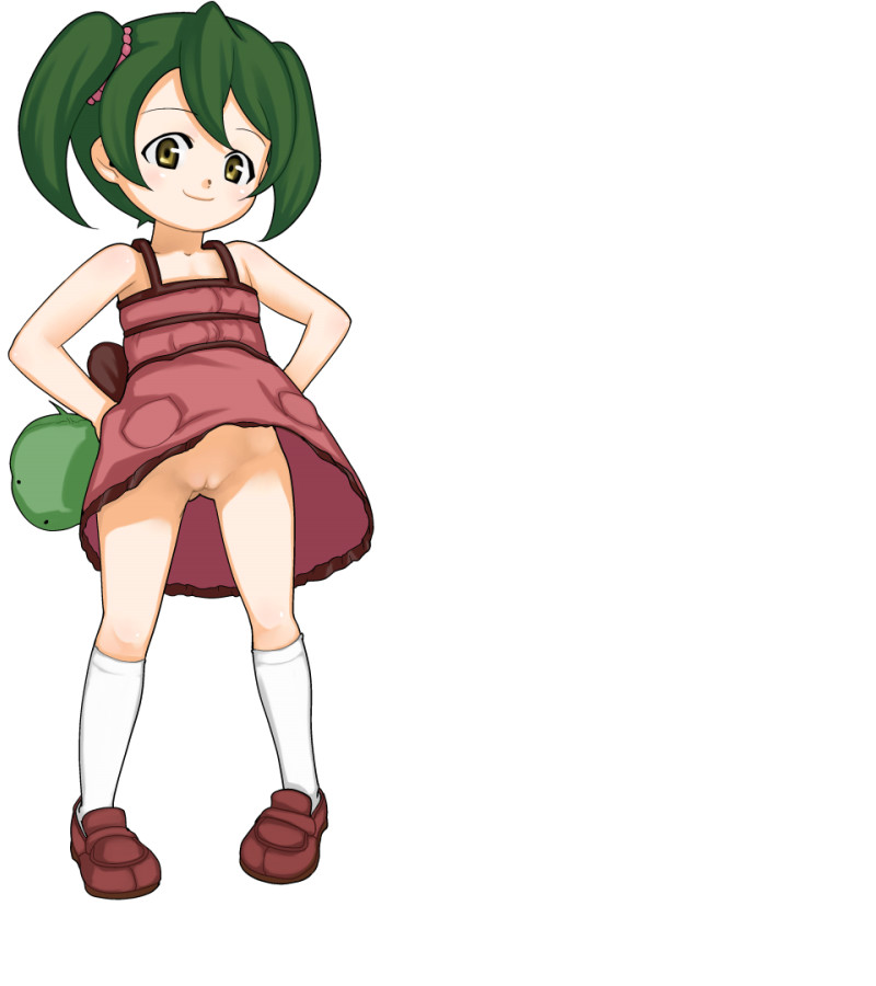 miyama miku, zettai shounen, artist request, 00s, 1girl, dress, female focus, green hair, hands on own hips, kneehighs, loli, no panties, pussy, short twintails, smile, socks, solo, twintails, uncensored, wind, wind lift, yellow eyes