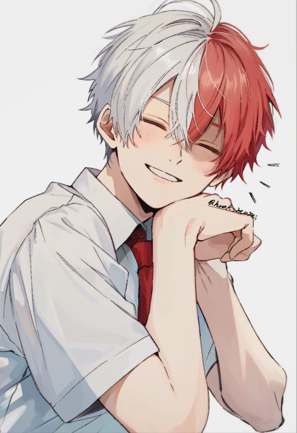 hrak mumi, todoroki shoto, boku no hero academia, highres, 1boy, closed eyes, collared shirt, crossed bangs, hair between eyes, light blush, male focus, multicolored hair, necktie, own hands together, parted lips, red hair, red necktie, school uniform, shirt, short hair, smile, solo, two-tone hair, u.a. school uniform, upper body, white background, white hair, white shirt