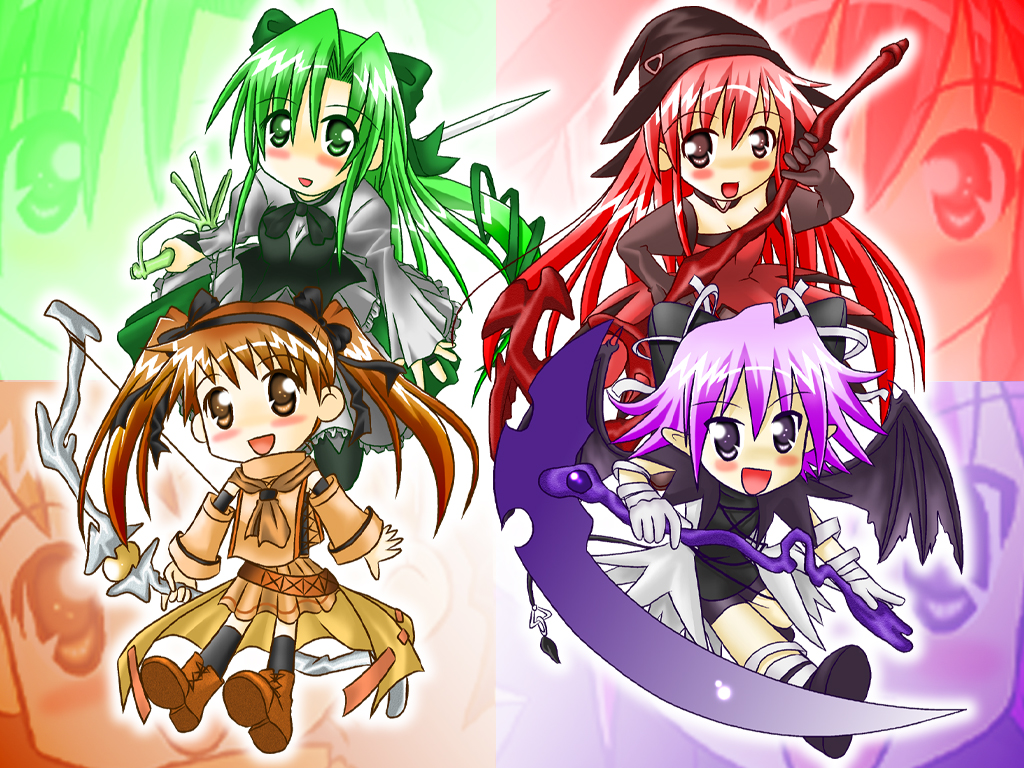 cierra (riviera), fia (riviera), lyuri (riviera), serene (riviera), riviera, 4girls, bat wings, blush, bow (weapon), chibi, chibi only, detached sleeves, green eyes, green hair, hairband, happy, hat, long hair, multiple girls, orange eyes, orange hair, pink eyes, poorly drawn, purple eyes, purple hair, red hair, short hair, skirt, twintails, weapon, wings, witch hat, zoom layer