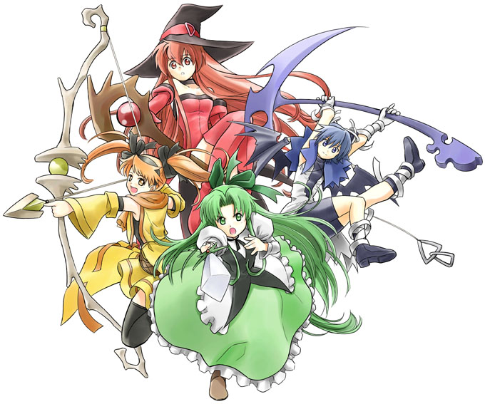 orion (orionproject), cierra (riviera), fia (riviera), lyuri (riviera), serene (riviera), riviera, 4girls, bandages, bat wings, bike shorts, black thighhighs, blue eyes, blue hair, boots, bow, bow (weapon), detached sleeves, drawing bow, elbow gloves, frills, gloves, green eyes, green hair, hair bow, hairband, hat, holding, holding bow (weapon), holding weapon, long hair, multiple girls, orange eyes, orange hair, red eyes, red hair, red thighhighs, scythe, short hair, staff, sword, thigh boots, thighhighs, twintails, weapon, wings, witch, witch hat, zettai ryouiki