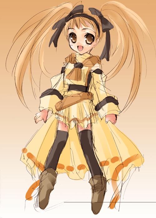 lyuri (riviera), riviera, 1girl, black thighhighs, bow, detached sleeves, female focus, hair bow, hairband, long hair, orange eyes, orange hair, sketch, skirt, solo, thighhighs, twintails, zettai ryouiki