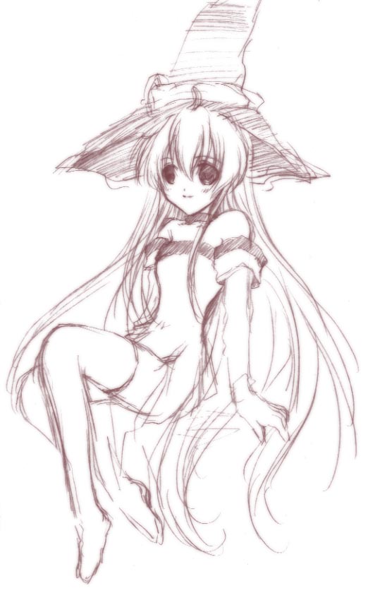 cierra (riviera), riviera, 1girl, boots, choker, elbow gloves, female focus, gloves, hat, long hair, monochrome, sketch, smile, solo, thigh boots, thighhighs, very long hair, witch, witch hat