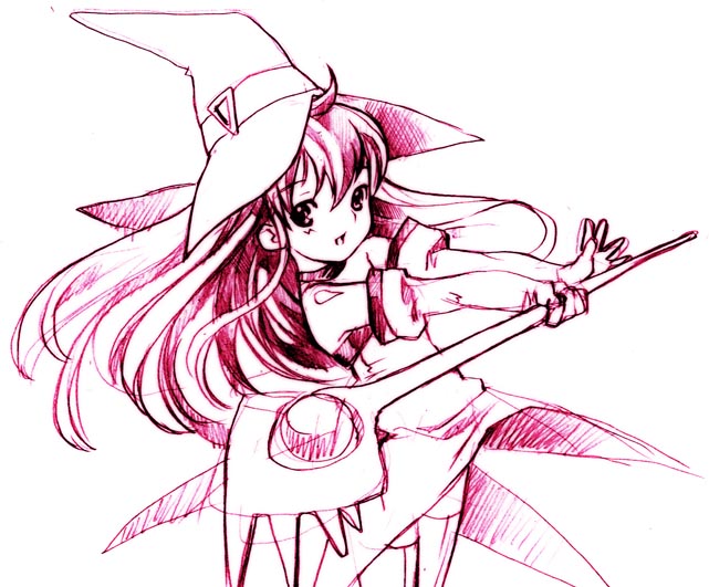 nekomata naomi, cierra (riviera), riviera, 1girl, choker, elbow gloves, female focus, gloves, hat, long hair, monochrome, red theme, sketch, solo, staff, thighhighs, witch, witch hat