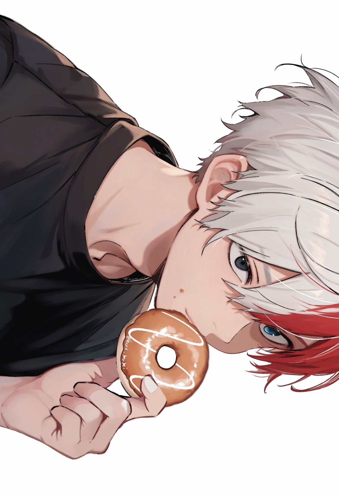 hrak mumi, todoroki shoto, boku no hero academia, highres, 1boy, black eyes, black shirt, blue eyes, donut, eating, food, food on face, hair between eyes, heterochromia, holding, holding donut, holding food, light smile, male focus, multicolored hair, red hair, shirt, short hair, solo, two-tone hair, white background, white hair