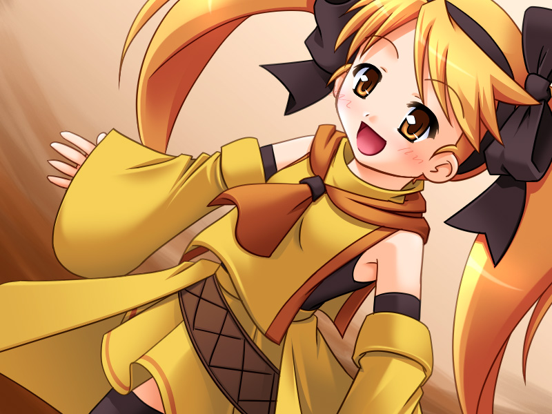 lyuri (riviera), riviera, 1girl, black thighhighs, blush, bow, child, detached sleeves, dutch angle, female focus, hair bow, hairband, happy, long hair, orange eyes, orange hair, skirt, solo, thighhighs, twintails