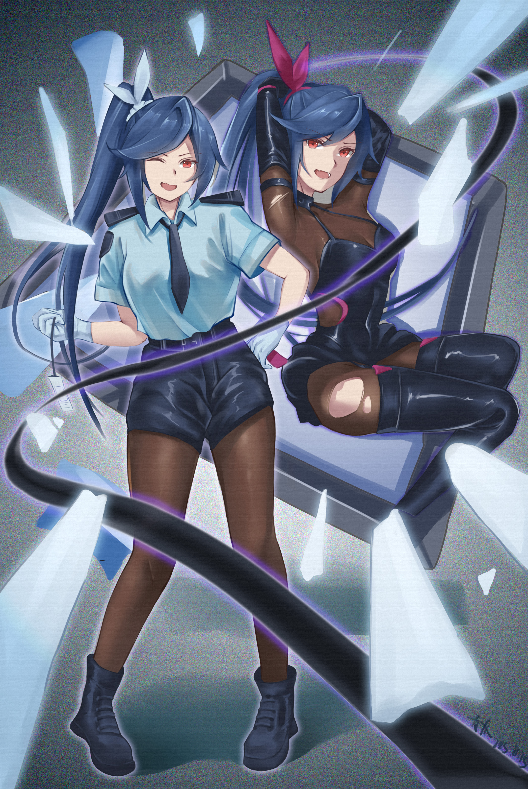 allen m. sumner (azur lane), allen m. sumner (two faces of justice) (azur lane), azur lane, absurdres, highres, 2girls, arms behind head, black necktie, black pantyhose, black shoes, blue hair, bodystocking, boots, bow, breasts, cleavage, covered armpit, gloves, hair bow, hand on own hip, high ponytail, long hair, looking at viewer, medium breasts, multiple girls, necktie, official alternate costume, one eye closed, open mouth, pantyhose, phantom thief, pink bow, police, police uniform, policewoman, ponytail, qingchen (111917368), red eyes, shoes, short sleeves, swept bangs, thigh boots, torn bodystocking, torn clothes, white bow, white gloves