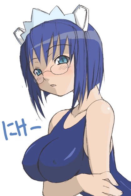2k-tan, os-tan, breast hold, blue eyes, blue hair, blue one-piece swimsuit, breasts, character name, glasses, large breasts, one-piece swimsuit, school swimsuit, solo, swimsuit