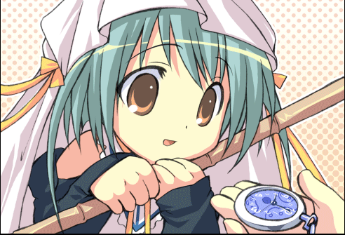 anzu, peace@pieces, animated, animated gif, lowres, > <, brown eyes, closed eyes, green hair, pocket watch, solo, surprised, tears, watch