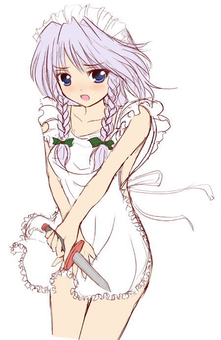 tateha (marvelous grace), izayoi sakuya, touhou, 1girl, apron, braid, female focus, knife, maid, maid apron, naked apron, solo, twin braids
