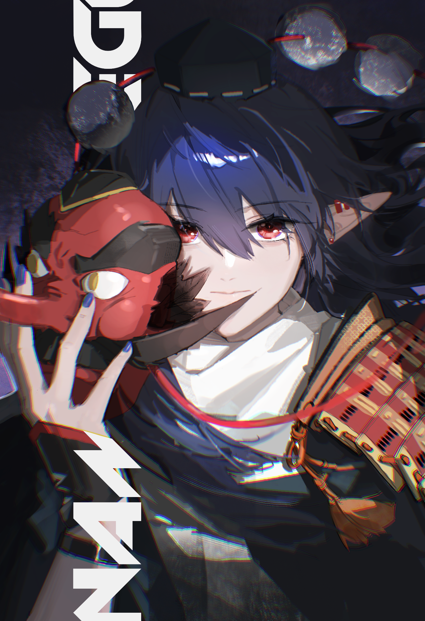 indis, iizunamaru megumu, touhou, chinese commentary, commentary request, highres, 1girl, arm guards, armor, blue dress, blue hair, blue nails, closed mouth, dress, ear piercing, expressionless, hair between eyes, hat, holding, holding mask, long hair, mask, nail polish, piercing, pointy ears, pom pom (clothes), red eyes, shoulder armor, solo, tengu mask, tokin hat, upper body