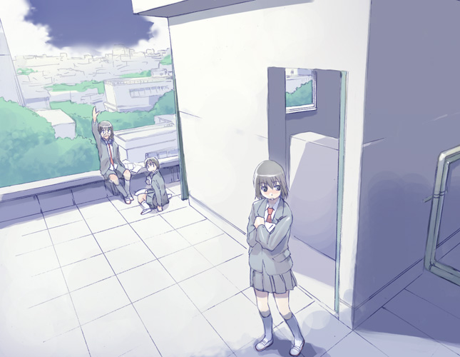 original, black hair, blazer, jacket, necktie, pleated skirt, rooftop, school uniform, short hair, skirt, waving