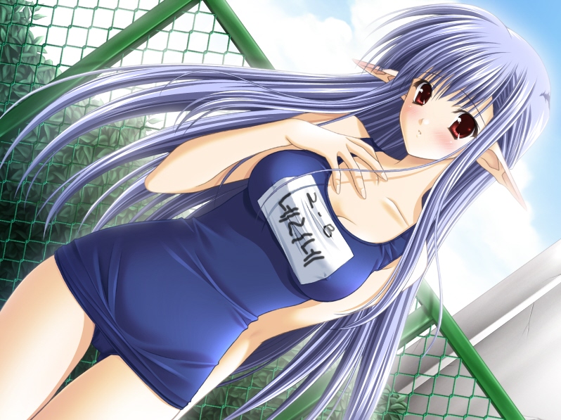 suzuhira hiro, nerine, shuffle!, game cg, 00s, 1girl, backlighting, blue hair, blue one-piece swimsuit, blush, breasts, character name, cleavage, cowboy shot, day, female focus, fingernails, half updo, korean text, legs together, long fingernails, long hair, name tag, one-piece swimsuit, outdoors, pointy ears, red eyes, school swimsuit, solo, standing, swimsuit, very long hair