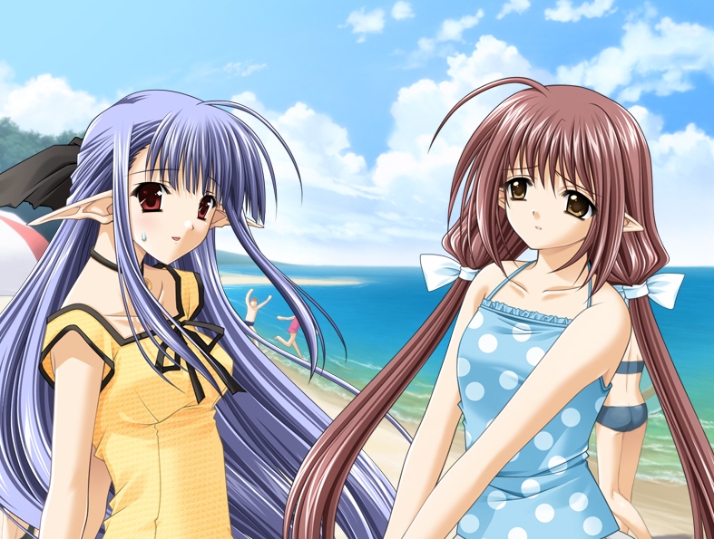nishimata aoi, suzuhira hiro, lisianthus, nerine, shuffle!, game cg, official art, 00s, 2girls, blouse, blue hair, brown hair, half updo, long hair, multiple girls, polka dot, polka dot shirt, red eyes, shirt, sky, yellow shirt