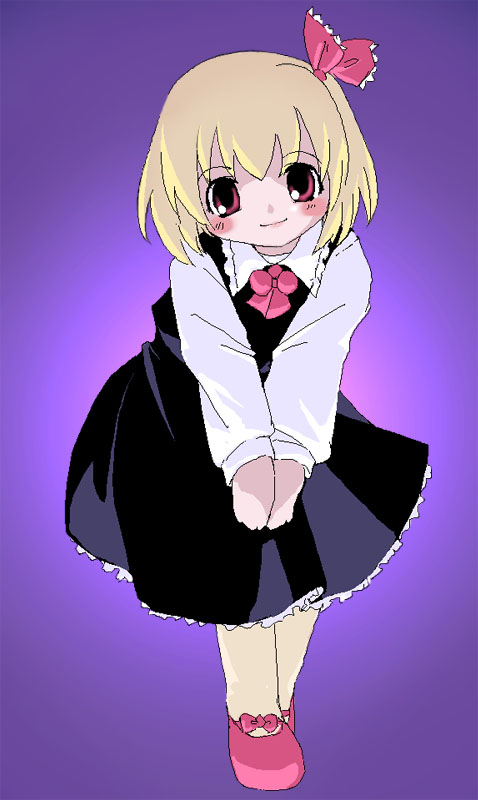 rumia, embodiment of scarlet devil, touhou, 1girl, blonde hair, female focus, hair ribbon, necktie, pink shoes, red eyes, ribbon, shoes, short hair, solo
