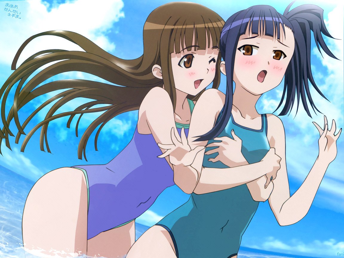 konoe konoka, sakurazaki setsuna, mahou sensei negima!, negima!?, official art, 00s, 2girls, bent over, blue hair, blush, brown eyes, brown hair, cloud, covered navel, crossed arms, embarrassed, female focus, from behind, grabbing another's breast, groping, happy, hime cut, hug, hug from behind, long hair, multiple girls, ocean, one-piece swimsuit, one eye closed, open mouth, outdoors, partially submerged, ponytail, shy, side ponytail, sky, smile, swimsuit, wading, water, wet, wind, wind lift, wink, yuri