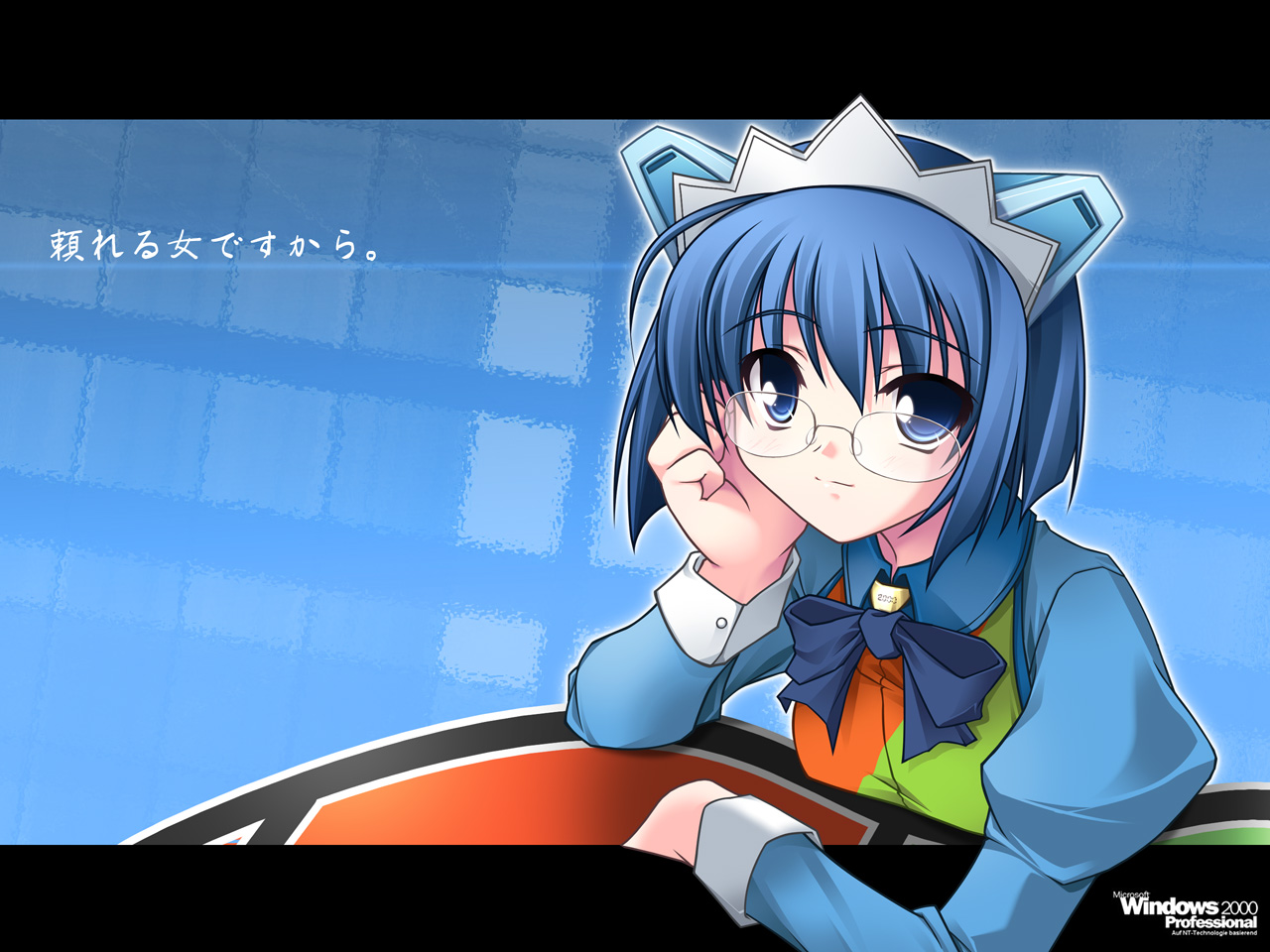 fujisaki rei, 2k-tan, microsoft, os-tan, 1girl, blue eyes, blue hair, female focus, glasses, maid headdress, matching hair/eyes, solo