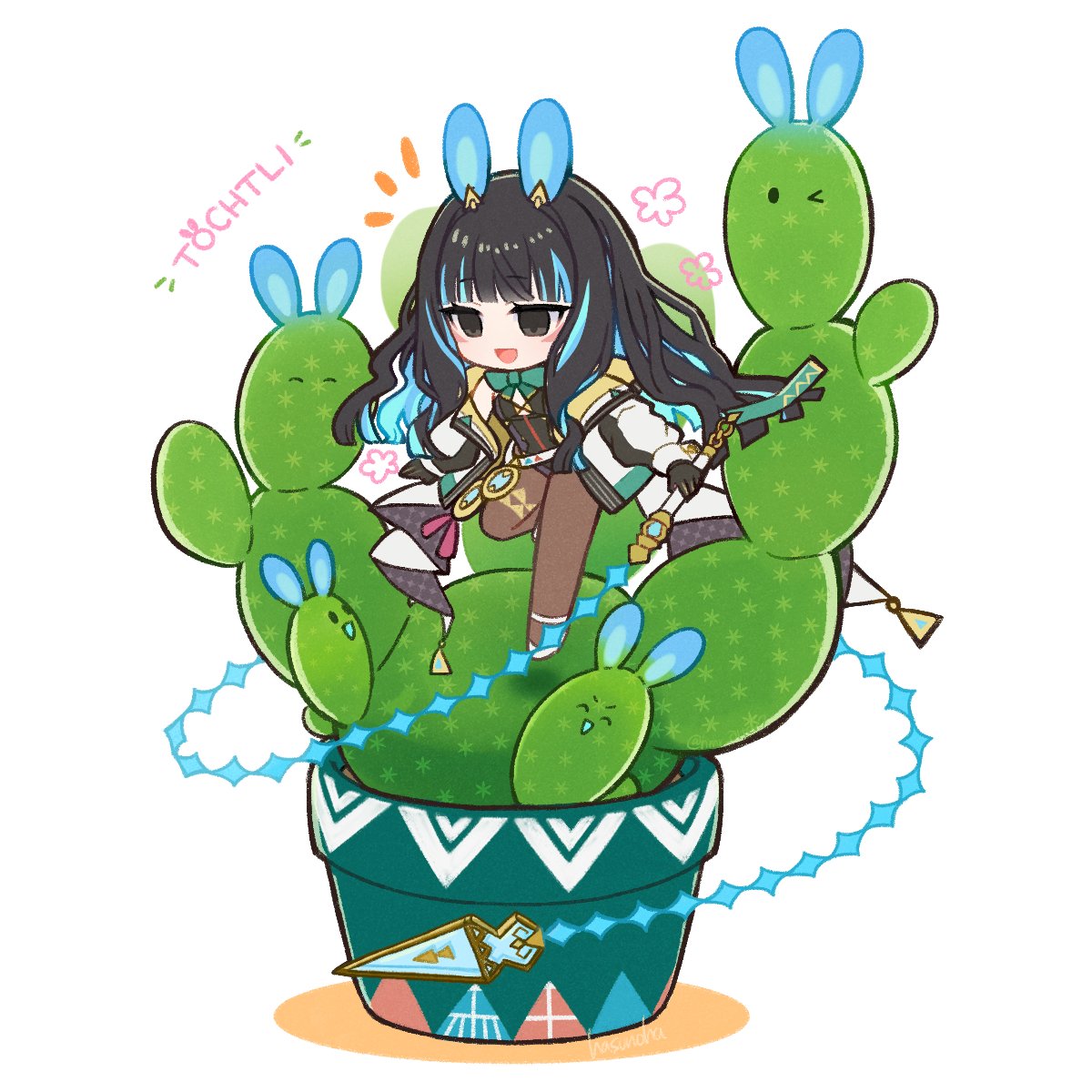 hmr alter7, tenochtitlan (fate), tenochtitlan (swimsuit mooncancer) (third ascension) (fate), fate/grand order, fate (series), tenochtitlan (swimsuit mooncancer) (fate), highres, 1girl, animal ears, black hair, black leotard, blue hair, brown pantyhose, cactus, colored inner hair, eyeliner, gold jacket, grey eyes, highleg, highleg leotard, jacket, leotard, makeup, multicolored hair, multicolored jacket, multicolored leotard, pantyhose, playboy bunny, rabbit ears, smile, solo, two-sided gloves, two-tone jacket, wavy hair, whip