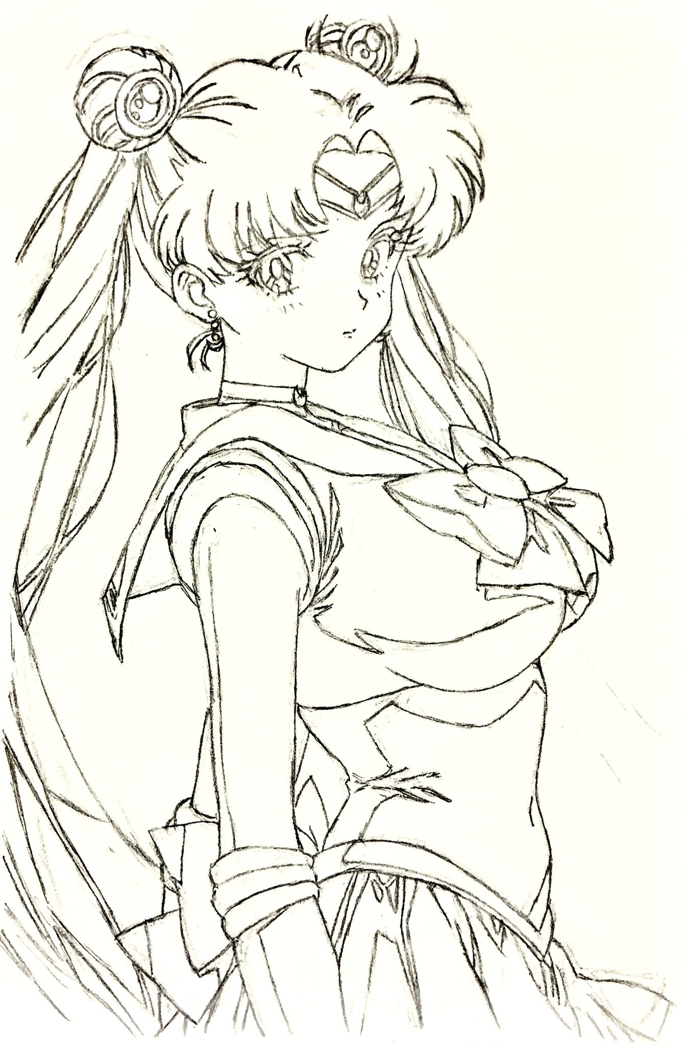 i4teruz, sailor moon, tsukino usagi, bishoujo senshi sailor moon, commentary request, graphite (medium), highres, traditional media, 1girl, back bow, bow, bowtie, breasts, brooch, circlet, crescent, double bun, elbow gloves, gloves, hair bun, hair ornament, jewelry, long hair, looking at viewer, looking back, medium breasts, miniskirt, parted bangs, pleated skirt, sailor collar, skirt, solo, twintails