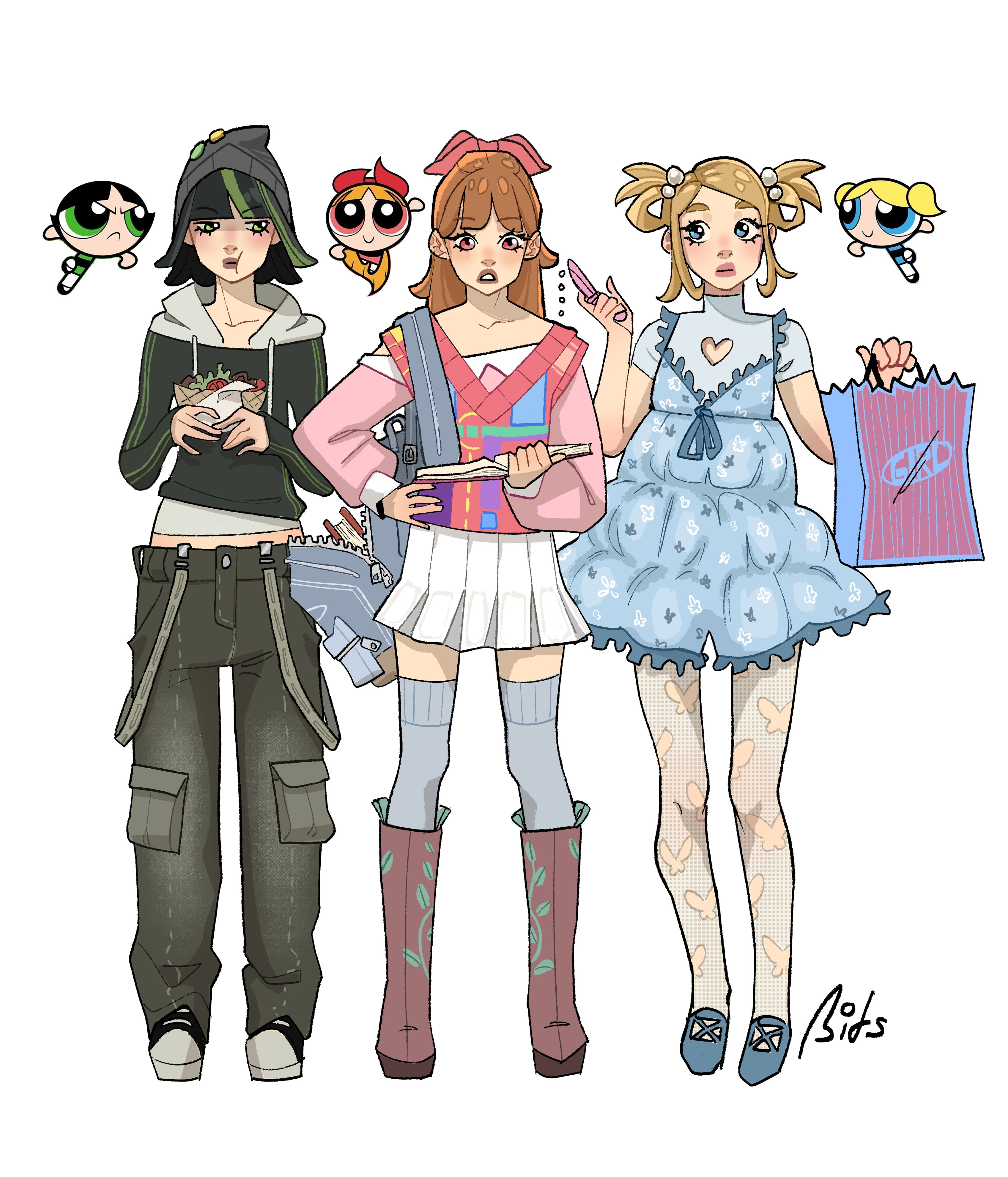 bitsbytits, blossom (ppg), bubbles (ppg), buttercup (ppg), powerpuff girls, absurdres, highres, 3girls, alternate costume, animal print, artist name, bag, beanie, black hair, black hoodie, black pants, black shoes, blonde hair, blue dress, blue eyes, blue shoes, blunt bangs, book, boots, brown boots, brown hair, butterfly print, cargo pants, cellphone, closed mouth, dress, eating, flip phone, food, frown, full body, furrowed brow, green eyes, green hair, grey bag, grey thighhighs, hair bobbles, hair ornament, hair ribbon, hand on own hip, hat, hat pin, holding, holding bag, holding book, holding food, holding phone, hood, hood down, hoodie, midriff, multicolored hair, multiple girls, off-shoulder sweater, off shoulder, open bag, pants, pantyhose, parted lips, phone, pink eyes, pink ribbon, pink sweater, pleated skirt, print pantyhose, ribbon, shoes, shopping bag, short sleeves, short twintails, shoulder bag, sidelocks, skirt, smile, sneakers, standing, streaked hair, sweater, sweater vest, swept bangs, thighhighs, twintails, white background, white skirt, zettai ryouiki