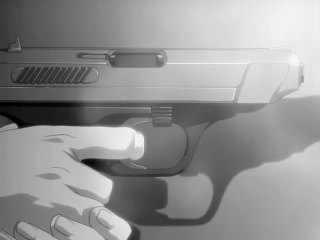 claes, gunslinger girl, heckler & koch, animated, animated gif, anime screenshot, lowres, 00s, burst fire, burst fire gun, burst fire pistol, casing ejection, firing, gun, gun stock, h&k vp70, h&k vp70m, handgun, holding, holding gun, holding weapon, monochrome, pistol, qvga, recoil, shell casing, shoulder-stocked handgun, smoke, smoking barrel, solo, stock (firearm), submachine gun, transforming weapon, weapon