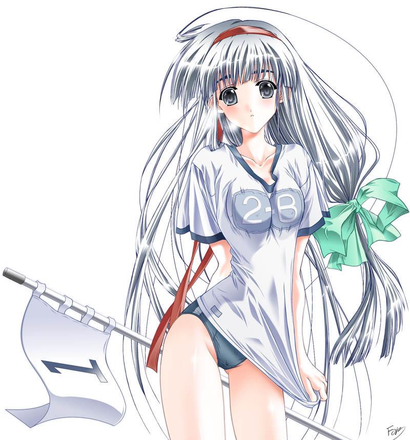 silver hair, 1girl, bad anatomy, buruma, female focus, flag, grey eyes, gym uniform, long hair, numbered flag, shirt tug, signature, simple background, solo, thighs, white background, white flag