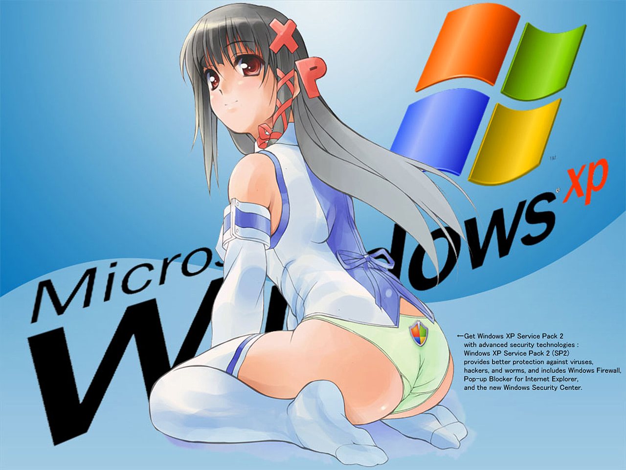 xp-tan, os-tan, ass, black hair, brown eyes, detached sleeves, green panties, hair ribbon, kneeling, long hair, looking back, no pants, panties, print panties, ribbon, seiza, sitting, smile, solo, thighhighs, underwear, white thighhighs