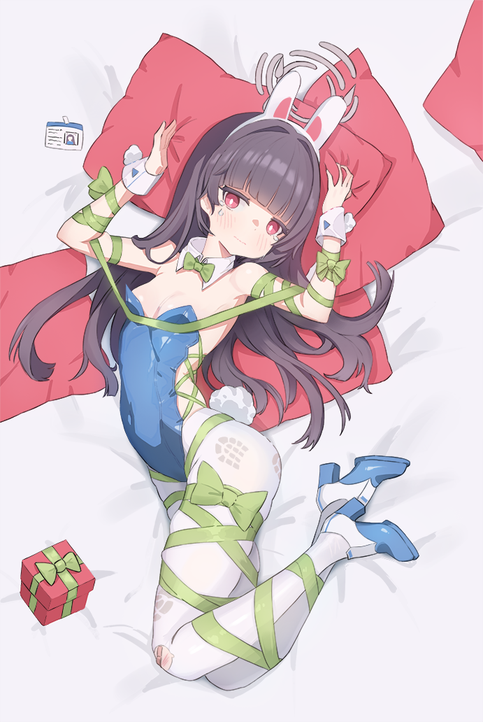 miyu (blue archive), blue archive, commentary request, 1girl, 3:, 824, alternate costume, animal ears, armpits, ass, bandaid, bandaid on knee, bandaid on leg, bare shoulders, bed sheet, black hair, blue leotard, blunt bangs, bound, bow, bowtie, box, breasts, bruise, bruise on knee, bruise on leg, cleavage, detached collar, fake animal ears, fake tail, footprints, from above, gift, gift box, green bow, green bowtie, green ribbon, grey halo, hairband, halo, high heels, highleg, highleg leotard, id card, injury, leotard, long hair, looking at viewer, looking up, lying, multicolored shoes, on side, pantyhose, pillow, rabbit ears, rabbit pose, rabbit tail, red eyes, ribbon, shoes, sidelocks, small breasts, solo, strapless, strapless leotard, sweatdrop, tail, tearing up, tied up (nonsexual), twisted torso, two-tone shoes, white pantyhose, white shoes, wrist cuffs
