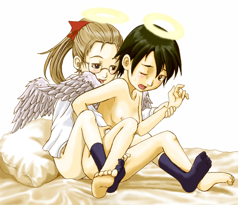 hikari (haibane), kana, kana (haibane), haibane renmei, artist request, 00s, 2girls, angel, bed, black hair, blue eyes, blush, bottomless, brown hair, fingering, flat chest, glasses, halo, holding another's wrist, kodomo doushi, loli, long hair, multiple girls, nude, open clothes, open shirt, pillow, ponytail, shirt, short hair, socks, tears, tongue, traditional halo, wince, wings, yuri