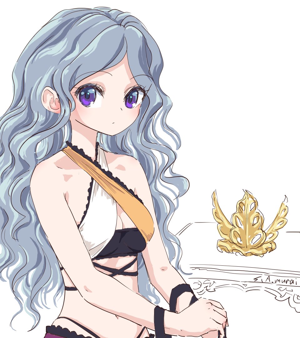 s-a-murai, chirizuka ubame, touhou, 1girl, bare shoulders, breasts, cleavage, collarbone, crop top, crown, expressionless, gold crown, grey hair, long hair, looking at viewer, navel, own hands together, purple eyes, solo, unworn crown, upper body, wavy hair
