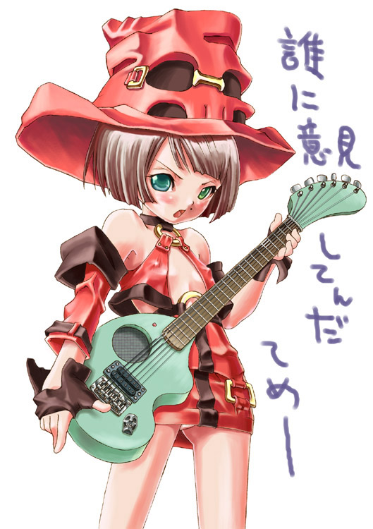 kasukabe akira, i-no, arc system works, guilty gear, sammy, bad id, 1girl, aged down, aqua eyes, blush, brown hair, chibi, covered erect nipples, detached sleeves, electric guitar, female focus, fingerless gloves, flat chest, gloves, guitar, hat, instrument, loli, mole, mole above mouth, open mouth, panties, pantyshot, red hat, short hair, solo, standing, underwear