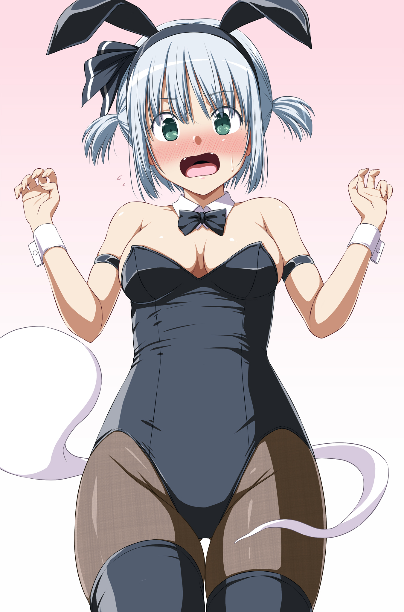 nori tamago, konpaku youmu, konpaku youmu (ghost), touhou, highres, 1girl, alternate hairstyle, animal ears, arm strap, black bow, black bowtie, black leotard, blush, bow, bowtie, breasts, bunny day, embarrassed, fake animal ears, fangs, from below, gradient background, green eyes, hairband, leotard, looking at viewer, looking down, medium breasts, medium hair, open mouth, pantyhose, pink background, playboy bunny, rabbit ears, solo, white background, white hair, wrist cuffs