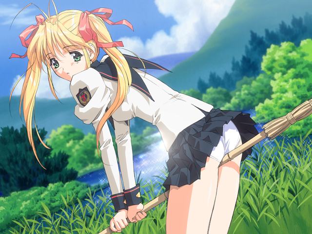 magaki ryouta, hashiba natsumi, tou no sawa majutsu kenkyuukai, game cg, 1girl, antenna hair, ass, between thighs, broom, broom riding, crotch rub, female focus, legs, long sleeves, looking back, miniskirt, panties, pleated skirt, school uniform, serafuku, skirt, solo, straddling, thighs, twintails, underwear, white panties