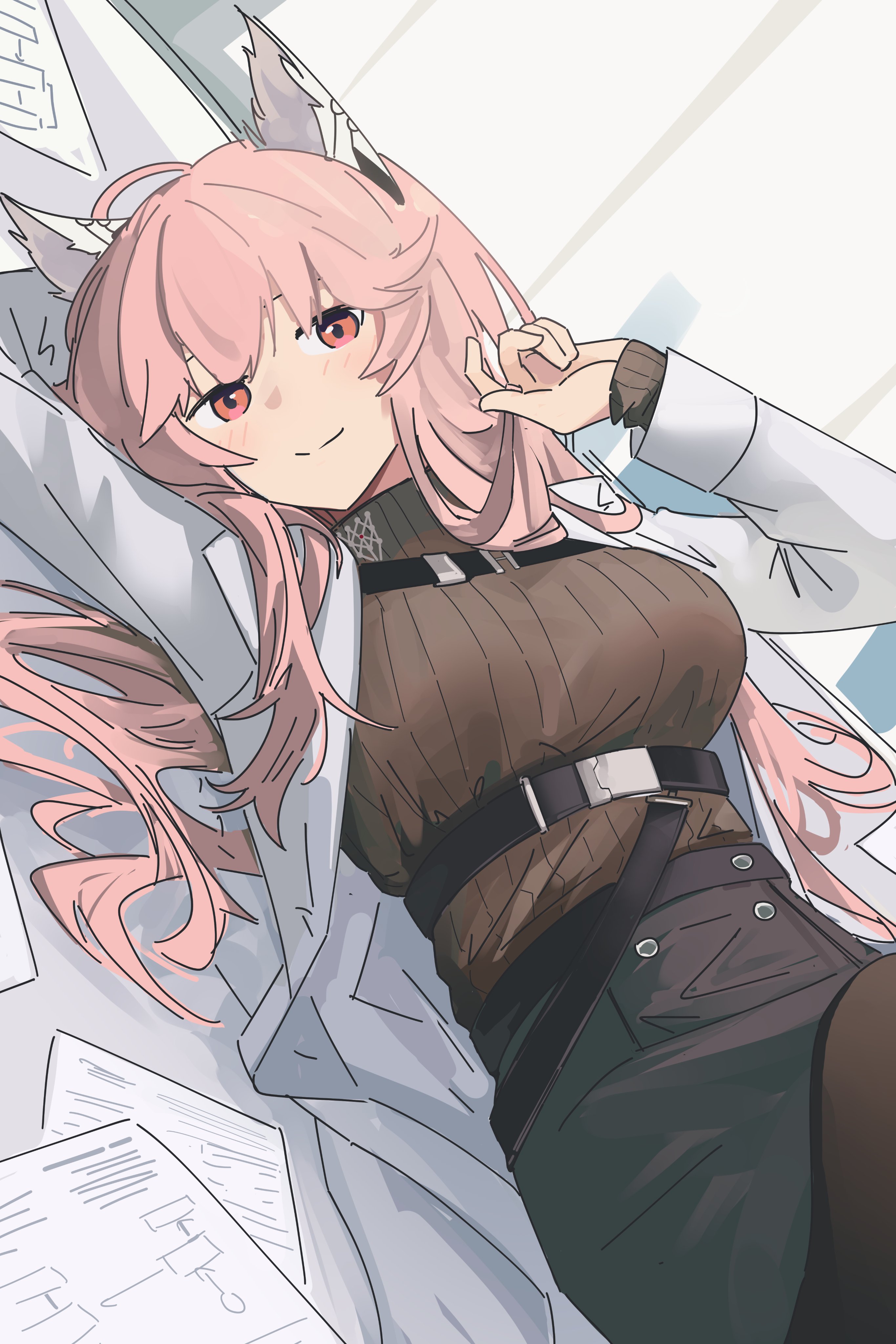 myticalcat, persicaria (neural cloud), girls' frontline, girls' frontline neural cloud, absurdres, commentary, english commentary, highres, 1girl, animal ears, black pantyhose, black skirt, blush, brown sweater, cat ears, closed mouth, coat, long hair, looking at viewer, lying, on back, on floor, open clothes, open coat, pantyhose, paper, pencil skirt, pink eyes, pink hair, skirt, smile, solo, sweater, white coat